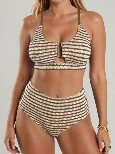 Swim Lushoire Conjunto de traje de baño casual de vacaciones en la playa para mujer, con top de tela de jacquard de punto multicolor de talla grande con tirantes ajustables y recortes, y Bottom triangular de cintura alta