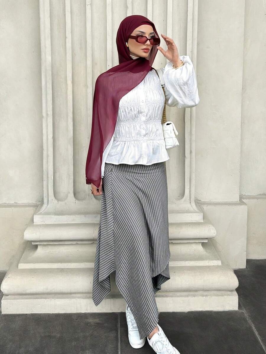 Mulvari 女士休闲条纹不对称下摆半身裙，夏季 - 彩色 - 查看 1