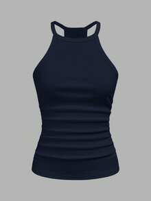 Slaydiva Women's Navy Blue Summer Chic Elegant Vacation Ribbed Crew Neck Racer Back Tank Top Solid Off-Shoulder Casual Basic Versatile Boho Night Out Everyday - Navy Blue - View 3