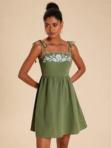 Travachic Green Floral Floral Woven Spaghetti Strap Women's Mini Dress, Suitable For Summer Vacation Garden Party Vacation Picnic Cottagecore Boho - Army Green - View 5