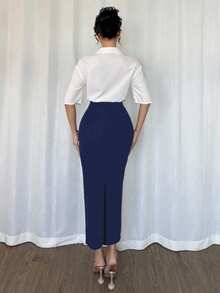 Modelyn Women's Winter Rhinestone Embellished Elegant Elegant Fitted Pencil Skirt Party Night Navy Blue - Blue - View 2