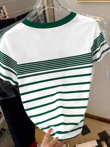 Resyla Women's Round Neck Striped Patchwork Casual Versatile Daily Wear Short Sleeve T-Shirt - Multicolor - View 2