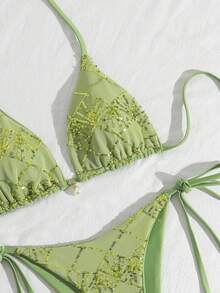Costavie Swim Basics 两件式泳衣套装，采用闪亮纹理面料，珍珠装饰，挂脖三角胸罩和侧系带泳裤，性感比基尼套装，适合春夏海滩度假 - 薄荷綠 - 查看 7