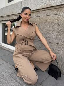 Marta Soriano 女士休闲通勤背心裤套装 - 卡其色 - 查看 3