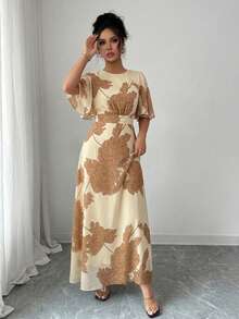 Modelyn Women's Elegant Round Neck Ruffle Flare Sleeve Fitted Flowy Maxi Chiffon Dress, Spring/Summer - Multicolor - View 3