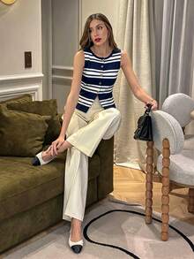 Pariaura French Style Navy Blue And White Striped Round Neck Knit Fitted Top,Ellegant Asymmetrical Metal Buckle Hem Slit Rib Knit For Autumn,Brunch,Commute - Navy Blue - View 4