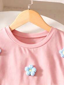 SHEIN 2件套女童碎花印花T恤和高腰纹理阔腿裤套装 - 粉色 - 查看 4