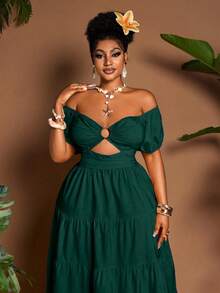 Maweii Vestido casual de talla grande de unicolor con hombros descubiertos - Verde Oscuro - Ver 4