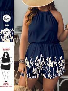 SHEIN CURVE+ Curve 尺码 US22 音乐节、海滨度假、波西米亚风女士度假植物印花休闲吊带连体裤短款连体裤可爱女式连身裤 - 彩色 - 查看 1