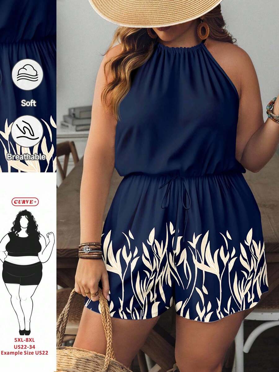 SHEIN CURVE+ Curve 尺码 US22 音乐节、海滨度假、波西米亚风女士度假植物印花休闲吊带连体裤短款连体裤可爱女式连身裤 - 彩色 - 查看 1