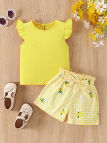 SHEIN Elladie kids 4-7Y 2pcs/Set Girls Casual Textured Yellow Round Neck Ruffle Sleeve Shirt & Floral Print Shorts Set,Summer,Matching,Family Vacation,Holiday Outfit - Yellow - View 6