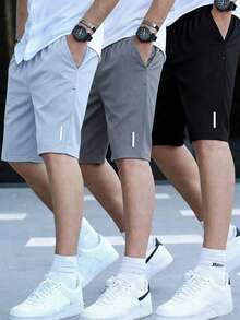 SHEIN 3件套青少年男童休闲撞色反光条纹短裤套装，黑/灰/蓝，适合运动、居家、学校、校园、大学穿着。 - 淺藍色 - 查看 4