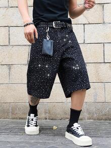Manfinity Denimwave Men's Fashionable Versatile Rhinestone Embellished Pocket Denim Capri Pants - Black - View 5