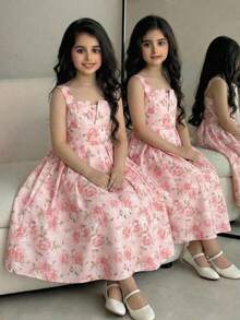 Vestido Maxi con Tirantes Finos y Estampado Floral para Niñas Preadolescentes Primavera/Verano Rosa - Rosa - Ver 7