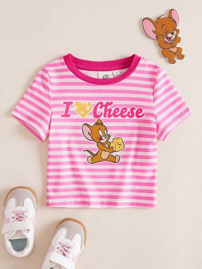 TOM & JERRY X SHEIN 女童圆领条纹字母卡通印花休闲百搭日常穿T恤