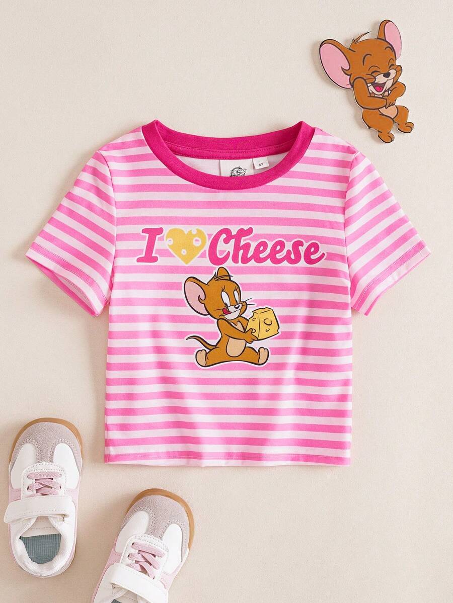 TOM & JERRY X SHEIN 女童圆领条纹字母卡通印花休闲百搭日常穿T恤 - 粉色 - 查看 1