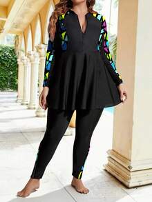 Swim Mulvari Summer Beach Plus Size Geo Print Zip Front Full Body Burkini SwimsuitArabic Clothing - Black - View 4