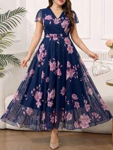 Reflora 大码女士优雅印花连衣裙，夏季婚礼宾客礼服 - 彩色 - 查看 10