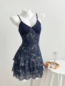 Elamini Women's Dress, Paisley Cashew Flower Print, Brown Vacation, Patchwork Contrast Color Mesh Print - Navy Blue - View 4