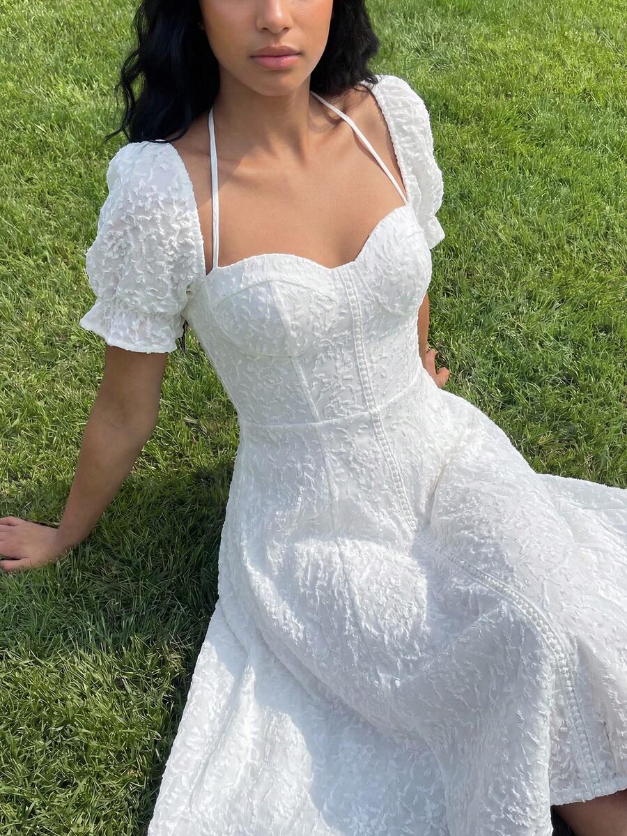 Feyla 女士优雅浪漫纯色提花夏季连衣裙 - 白色 - 查看 1
