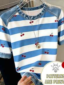 Resyla Áo thun nữ phong cách thường ngày và thời trang, phối họa tiết denim, kẻ sọc và in kỹ thuật số hình quả anh đào, cổ tròn. - Màu xanh lam - Xem 4