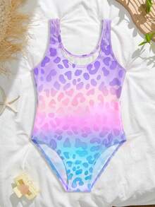 SHEIN Tween Girl Ombre Leopard Print One-Piece Swimsuit - Multicolor - View 2