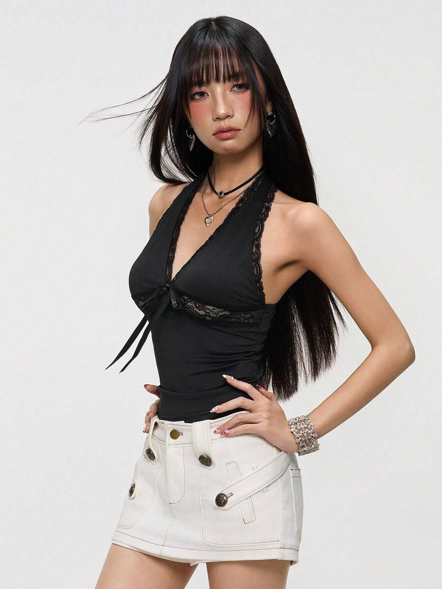 INAWLY Women's Y2k V-Neck Lace Trim Halter Camisole In Black Night Out Summer - Black - View 1