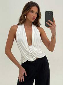 Aloruh Camiseta de tirantes con cuello drapeado, estilo artístico y divino, para mujer, nueva colección primavera/verano - Blanco - Ver 4
