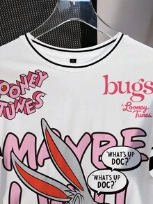 LOONEY TUNES X SHEIN 少女休闲卡通印花T恤，夏季 - 白色 - 查看 4
