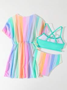 Tween Girl Fashionable Sweet Summer Separated Three-Piece Bikini Set Summer Beach Summer Holiday - Mint Green - View 2