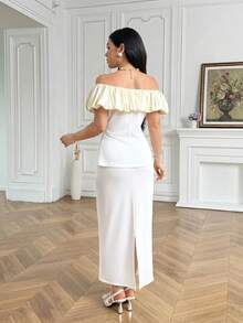 Modelyn Women's Off-Shoulder Crop Top With Slit Hem And Skirt Elegant 2 Pieces Set - Apricot - View 6
