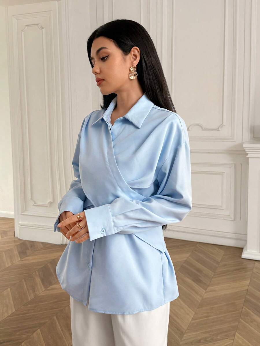 Modelyn Áo sơ mi dài tay tối giản màu trơn dành cho nữ, thích hợp mặc hàng ngày. - Màu xanh lam - Xem 1