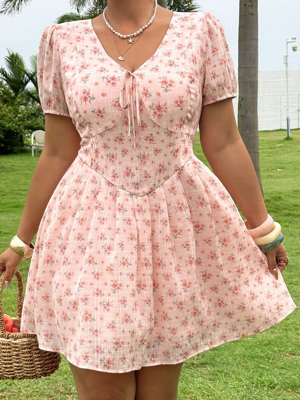Dazy Plus V-Neck Ditsy Floral Elastic Fitted Mini Dress, Plus Size, Pink, Spring/Summer Sun Dresses For Women Vacation Outfits Women
