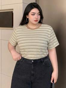 Dazy Plus Color Block Striped Round Neck Short Sleeve Fitted T-Shirt, Spring/Summer - Brown - View 2