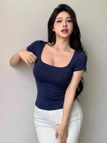 DAZY 女士纯色简约短袖背心 - 藏蓝色 - 查看 2