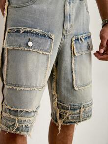 Manfinity Roughcore Men's Casual Street Style Multi-Pocket Frayed Hem Blue Wide Leg Denim Shorts - Light Wash - View 2