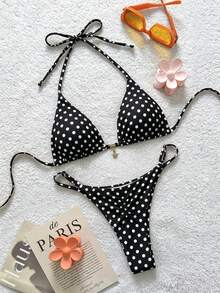 Soleia Bộ bikini gợi cảm buộc dây cổ, in chấm bi, trang trí kim loại, dành cho nữ, thích hợp mặc đi biển mùa hè. - Nhiều màu - Xem 1