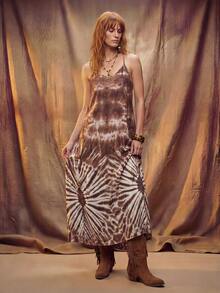 Đầm hai dây in họa tiết tie-dye phong cách retro thường ngày dành cho nữ. - màu nâu - Xem 5
