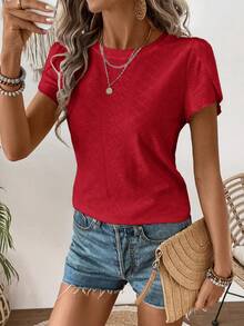 SHEIN LUNE Áo thun tay ngắn cổ tròn màu trơn, phong cách thường ngày mùa hè - Đỏ - Xem 4