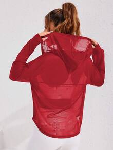 SHEIN Dewbera Women's Casual Sport Style Plain Zip Up Drawstring Hoodie Mesh See-Through Jacket - Red - View 2