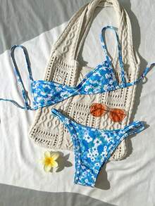 Swim Mod 夏季新款欧美甜美花卉撞色格纹双面两件式泳衣套装，系带三点式高腰比基尼泳裤，蓝色碎花撞色滚边性感加垫比基尼泳衣套装，沙滩度假比基尼 - 彩色 - 查看 2