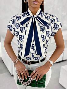 SOLERSUN Elegant Monogram Print Bow Tie Shirt In Navy Blue And White,Summer Office Top For Women,Perfect For Commuting,Everyday Wear,Vacations&Parties - Navy Blue - View 3