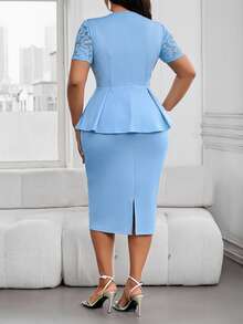 SHEIN Lady Plus Size Light Blue Summer Elegant Wedding Guest Evening Formal Lace Patchwork Top And Skirt 2 Pieces Set Commuter Solid Peplum Bodycon Office Party - Blue - View 2