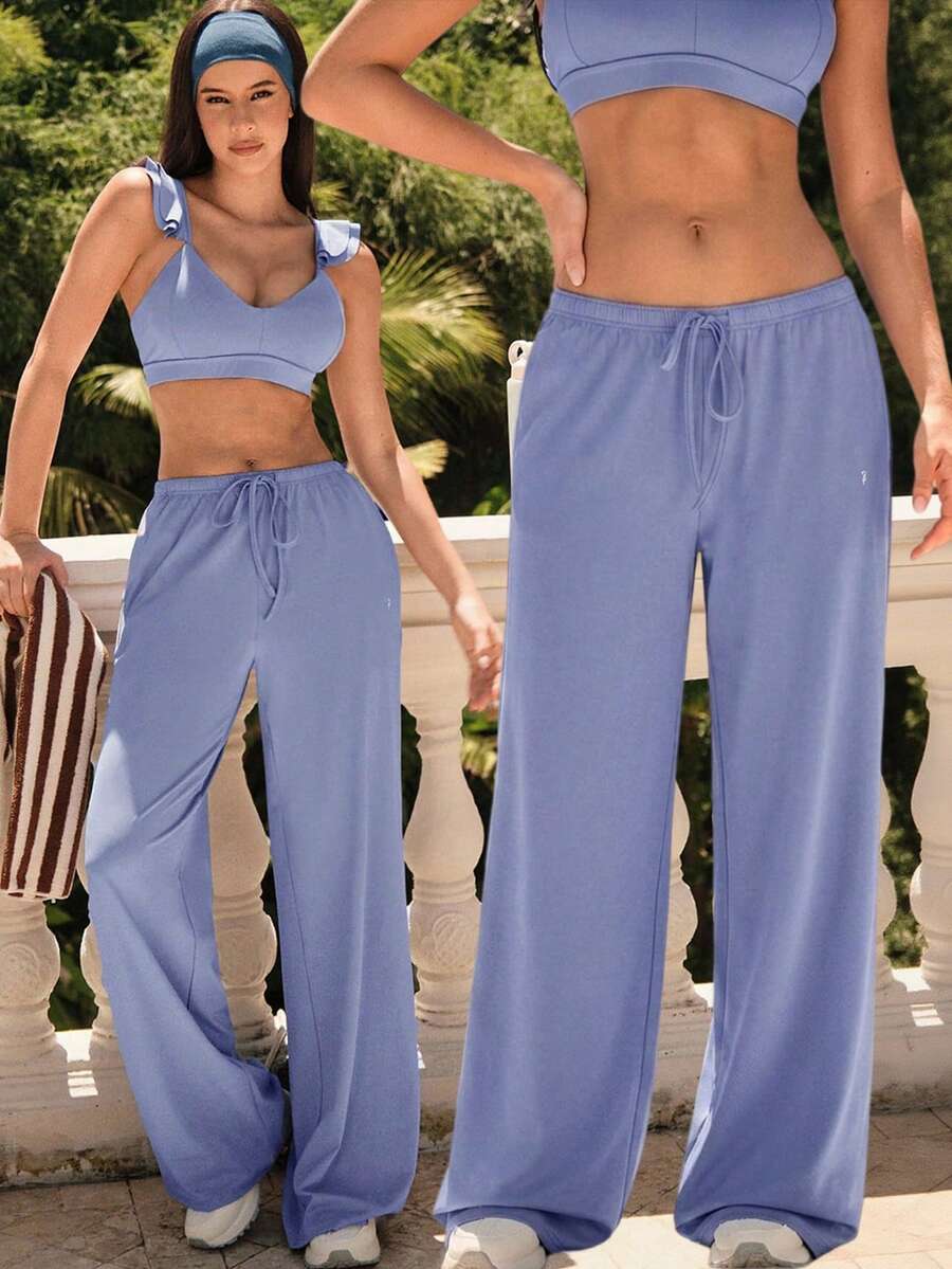 Fluxe 女士抽绳腰带口袋休闲百搭日常阔腿裤 - 藍色 - 查看 1