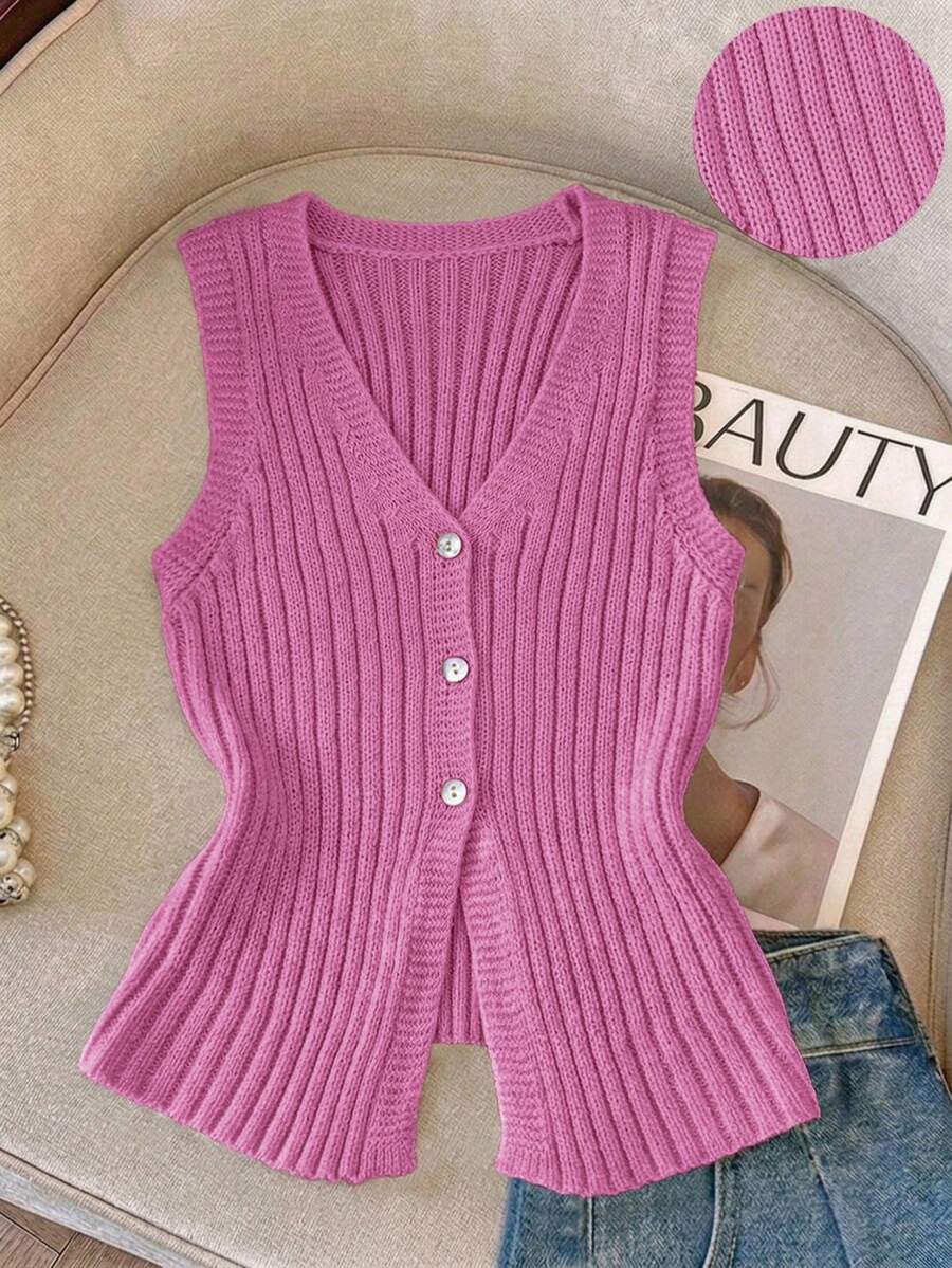 Resyla Áo vest nữ dáng ôm, tối giản, màu vàng nhạt, cổ chữ V, thanh lịch, dễ phối đồ, thích hợp cho công sở. - Màu Hồng Tươi - Xem 1
