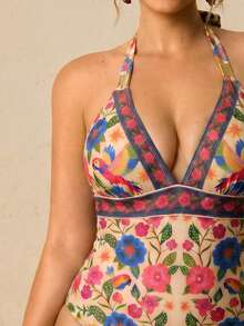 SHEIN TRVLCHIC Plus Size One-Piece Swimsuit, Suitable For Vacation, Summer, Beach, Spring/Summer, Easter, Spring Break, Concerts, Boho Style, Music Festivals, Tropical Getaways, Retro Style, Elegant Ladies Top, Tropical Getaways, Boho Style Outfits, Ibiza Style, Western Style - Multicolor - View 4