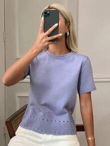 DAZY 女士纯色拼接镂空花边下摆圆领短袖休闲度假夏季轻薄针织上衣 - 紫色 - 查看 5