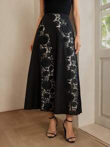 Anewsta Solid Color Drapey Asymmetric Contrast Lace Elegant Vintage Atmosphere Versatile Women's Skirt, Spring/Summer New Arrival - Black - View 3