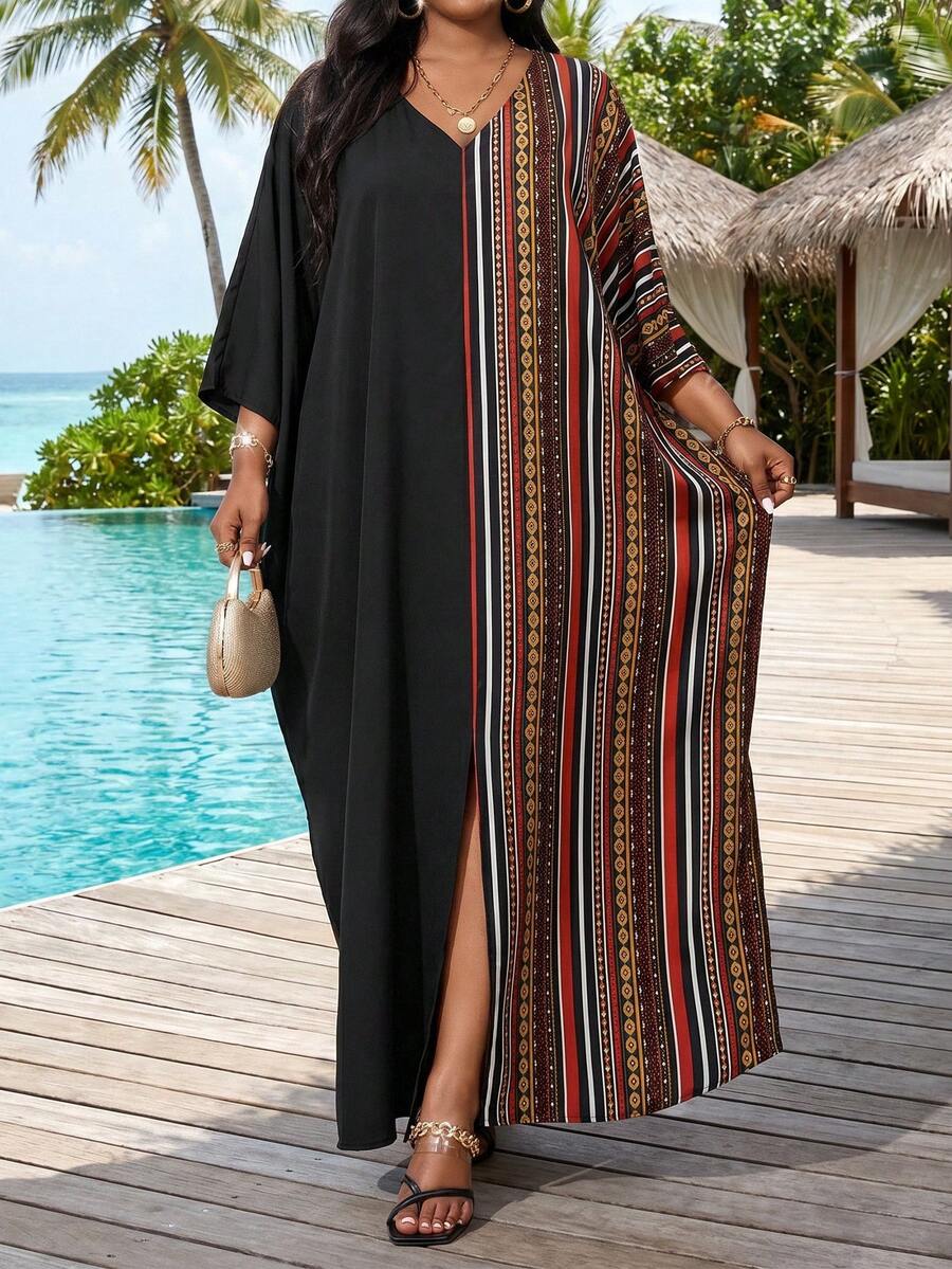 SHEIN Lady  Plus Size V-Neck Long Sleeve Solid Color Patchwork Loose Casual Dress Robe Halloween Clothes Halloween Clothes Vacation Outfits Woman - Black - View 1
