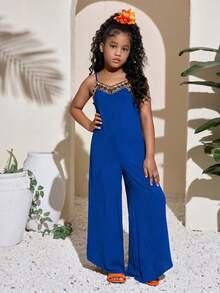 SHEIN Tween Girls' V-Neck Strap Patchwork Wide Leg Flare Jumpsuit, Vacation Wear For Spring/Summer - Blue - View 3